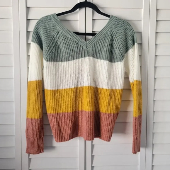 Full Circle Trends Sage Mustard Rust Stripe Knit Sweater L‎ Adjustable Tie Fall - Picture 4 of 8